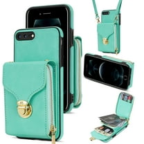 ELEHOLD Crossbody Wallet Case for iPhone 8 Plus/7 Plus 5.5",Premium Leather Case with Card Holders Zipper Pocket Metal Snap Stand Function Detachable Shoulder Strap Luxury Case for Women,Mint