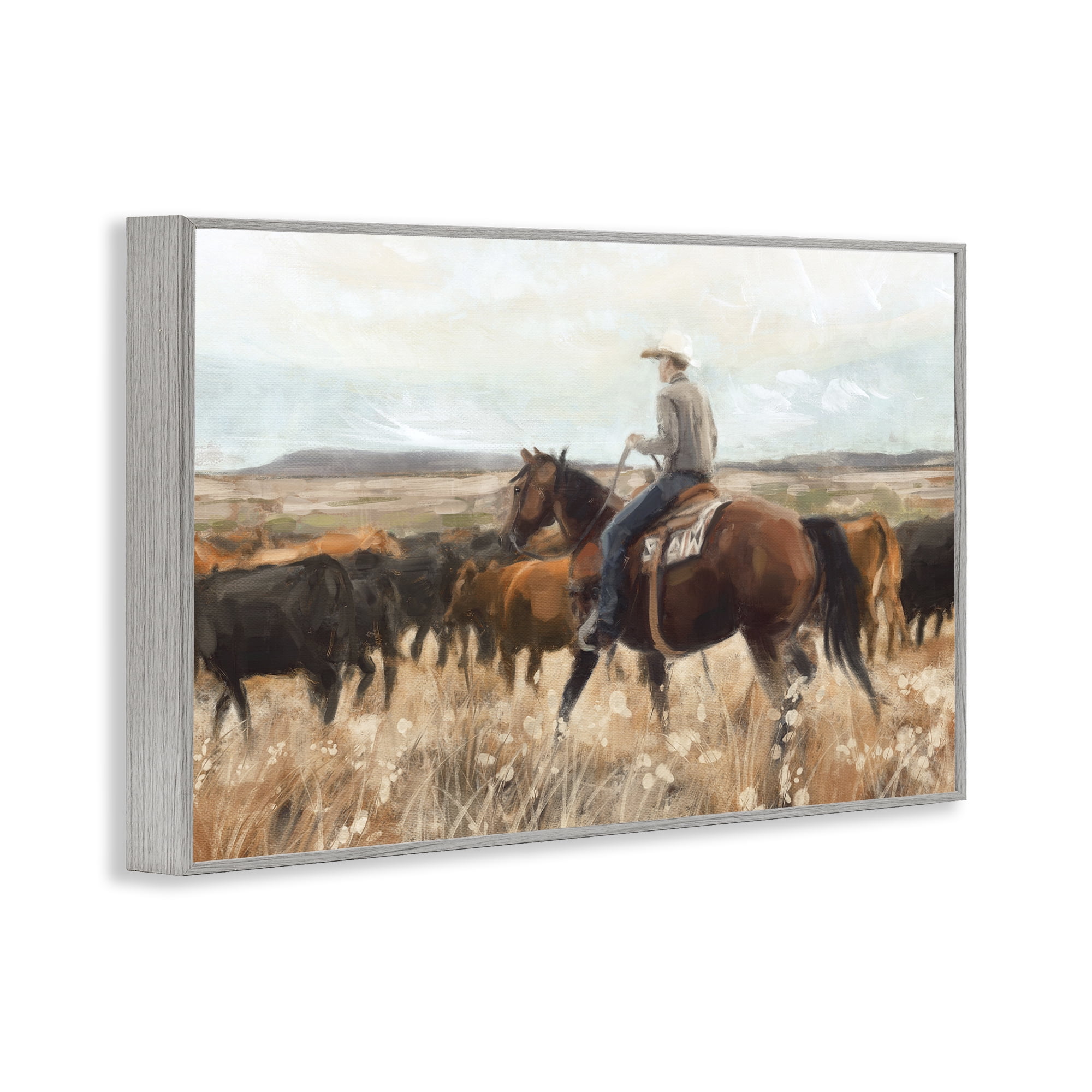 Stupell Industries Cowboy Rounding Cattle Landscape Painting Gray Framed Art Print Wall Art, 18 x 12