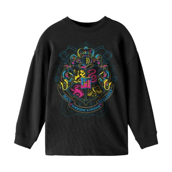 Harry Potter Neon Pink And Yellow Hogwarts Crest Boy's Black Long Sleeve Shirt-Large