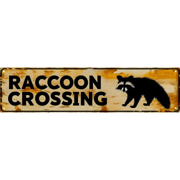 Funny Metal Sign Decor Raccoon Crossing Road Signs Warning Sign Outdoors Wall Fence Forest Decor coffee Bar Art 16x4 in
