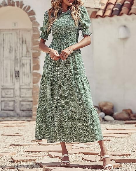 FreshPretty Women Casual Summer Dresses 2025 Spring Crew Neck Ruffle Short Sleeve Floral Print Smocked Boho Flowy Maxi Dress