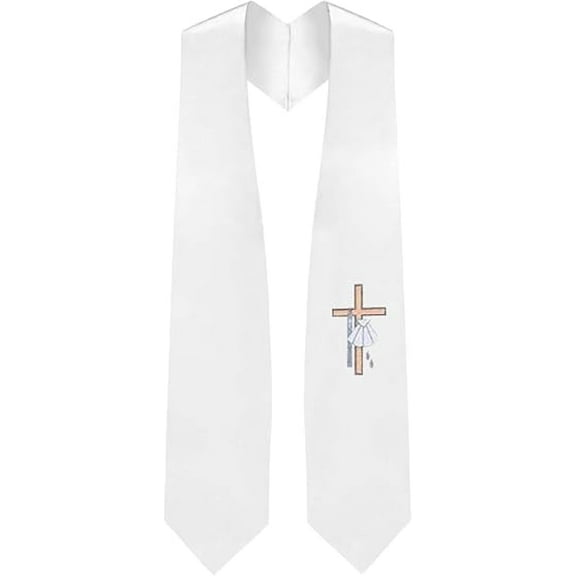 CLERKMANS Unisex White Baptismal Stole, Embroidered Cross, Bridal Satin, One Size Fits All