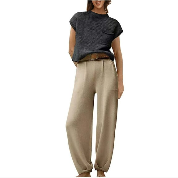 Lovskoo 2024 Womens Two Piece Outfits Sweater Sets Knit Pullover Cap Short Sleeved Round Neck Tops and High Waisted Pants Matching Tracksuit Sweatsuit Set Gray M