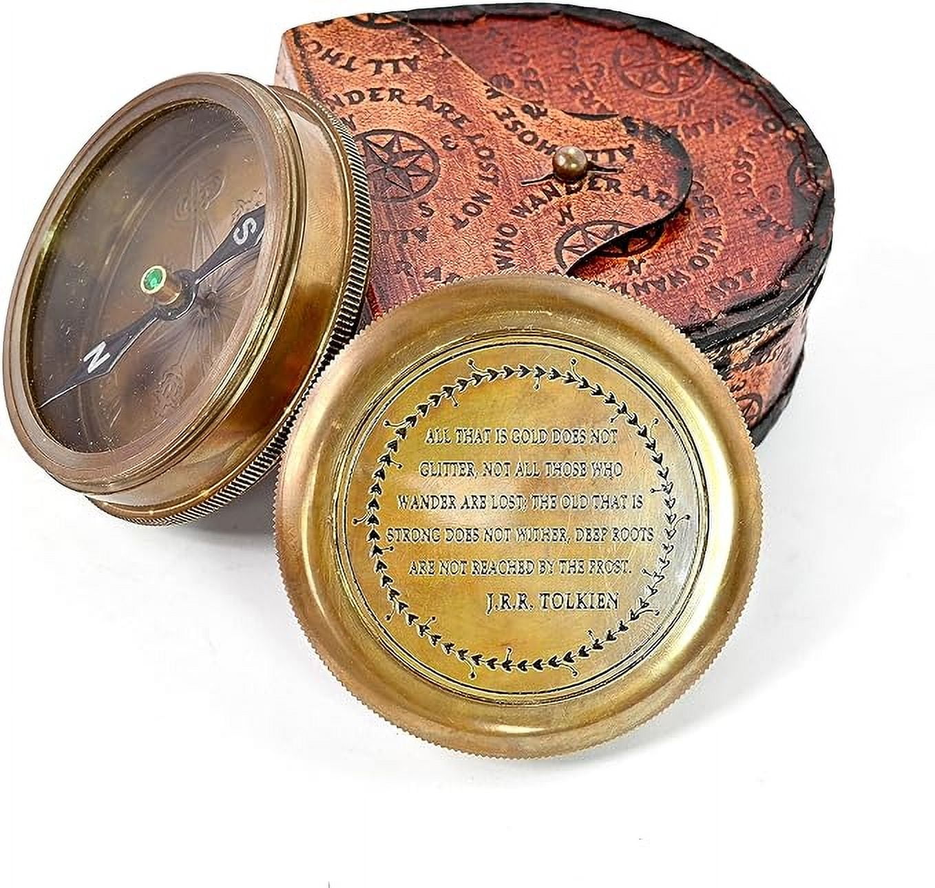 Indian Nautical Instruments Not All Those Who Wander are Lost Brass Gift Engraved Compass with Leather case, Graduation Day Baptism Communion Confirmation Day Motivational LOTR J.R.R. Tolkien