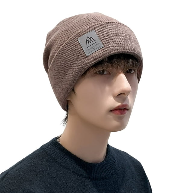 Men Hat Solid Color Labeling Brimless Stretch Coldproof Beanie Hat Autumn Winter Plush Lining Ear Protection Hat Streetwear