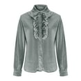 thumbnail image 5 of purcolt Velvet Tops for Women Vintage Long Sleeve Button Down Shirt Ruffled V Neck Blouse Work Office Cocktail Outfit, 5 of 7