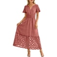 thumbnail image 3 of Neewe Robe Maxi d'Été pour Femmes, Ample, Unie, Col en V, Manches Courtes, Tunique, Taille Plissée, Décontractée, Longueur Cheville, Ourlet en Dentelle, 3 of 7