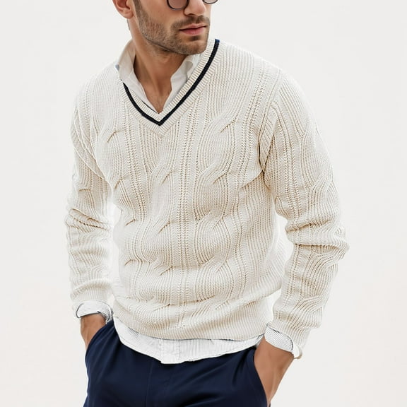 GBSYEWXS Pullover Sweater For Men Long Sleeve Solid Color Pullover Comfortable Casual V-Neck Sweaters White