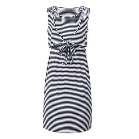 

Rewenti Pregnant Women Clothes Sleeveless Maternity Breastfeeding Casual Striped Dress Blue S(S)