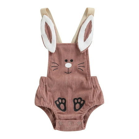 

FOCUSNORM Easter Newborn Baby Boy Girl Cartoon Rabbit Print Suspender Romper Sleeveless Corduroy Strap Jumpsuit Bodysuit