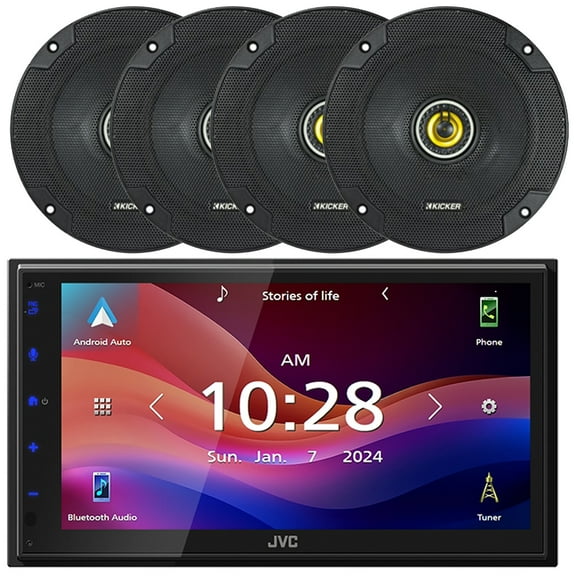 JVC KW-M695BW 6.8" WSVGA LCD Display Single-DIN Bluetooth USB/MP3 Digital Media Shallow Chassis Multimedia SiriusXM Ready Receiver, 4x Kicker 6.5" 300W Max Power 2-Way Coaxial Car Audio Speakers