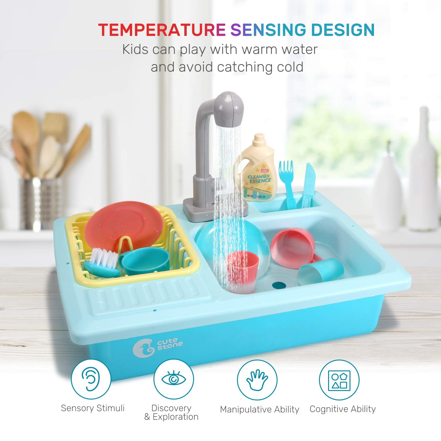 CUTE STONE Play Kitchen Sink Toys with Upgraded Real Faucet, Play Cooking  Stove, Cookware Pot and Pan,Play Food, Color Changing Dishes Accessories  for Boys Girls Toddlers 