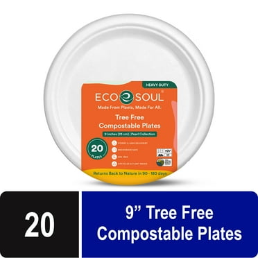 Eco Soul Tree-Free Compostable Disposable Plates 9 in Round White 20 Count
