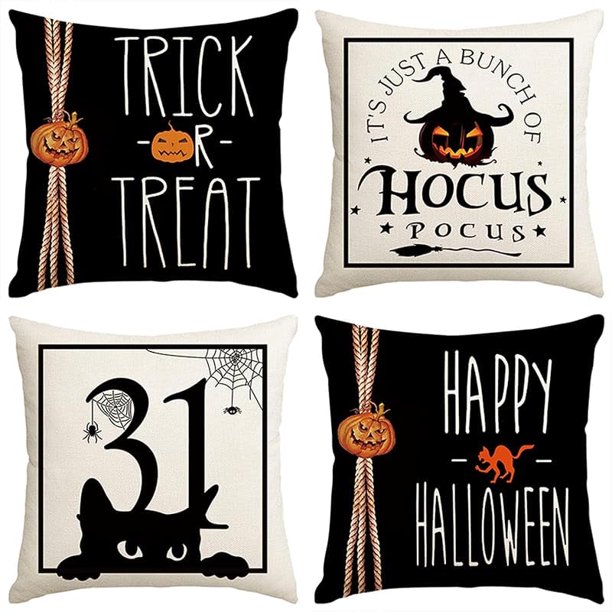 Juego de 4 fundas de almohada decorativas de Halloween de 18 x 18 pulgadas, diseño de granja de Happy Halloween, funda de cojín decorativa de otoño en blanco y negro para sofá de casa