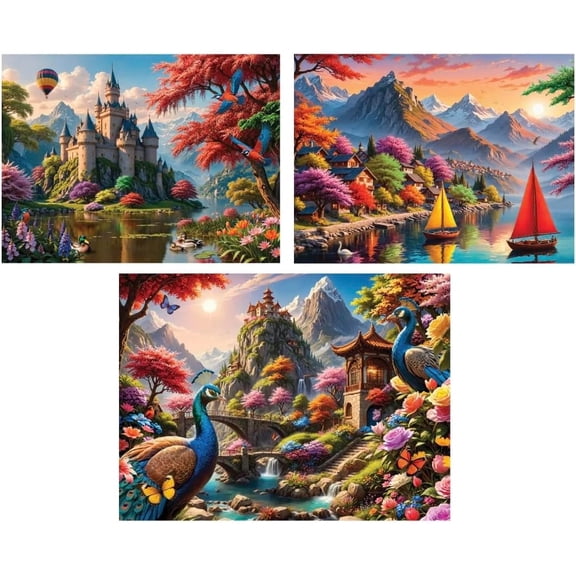 Bits and Pieces - Set of 3 Large Piece 300 Piece Jigsaw Puzzles for Adults - Majestic Landscapes Puzzle Bundle by Yuri Khrushch - 18" x 24" Each - Value Puzzle Pack with Peacock Majesty, Lakeside Vil