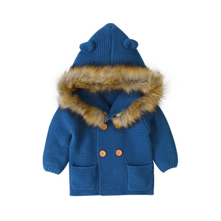 

Kids Jackets for Girls Boys Toddler Baby Boy Girl Solid Color Sweater Hooded Knit Faux Collar Coat