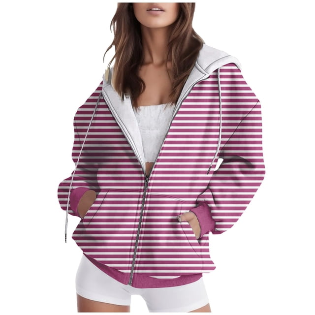 WILLBEST Sudadera de Mujer, Estilo Casual, Ideal para Otoño/Invierno con Estampado de Rayas y Bolsillo con Cremallera Mediana