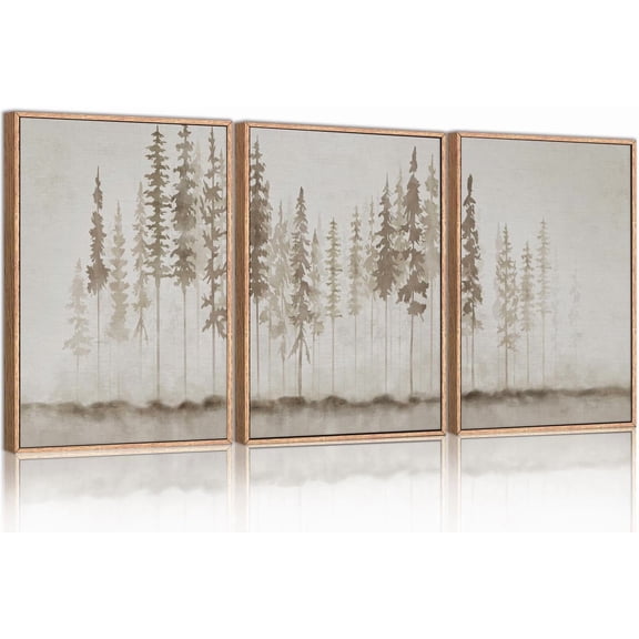 Large Misty Forest Framed Canvas Art Print Set, Modern Foggy Pine Tree Wall Decor, Pastel Nature Landscape, Abstract Foggy Forest Plant Art for Living Room, Bedroom, Office - 16" x 24" x 3
