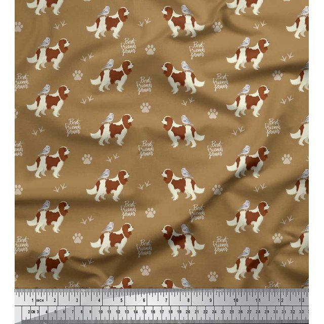 Soimoi Brown Rayon Crepe Fabric Bird,Paw & Cocker Spaniel Dog Print Fabric by the Yard 46 Inch Wide