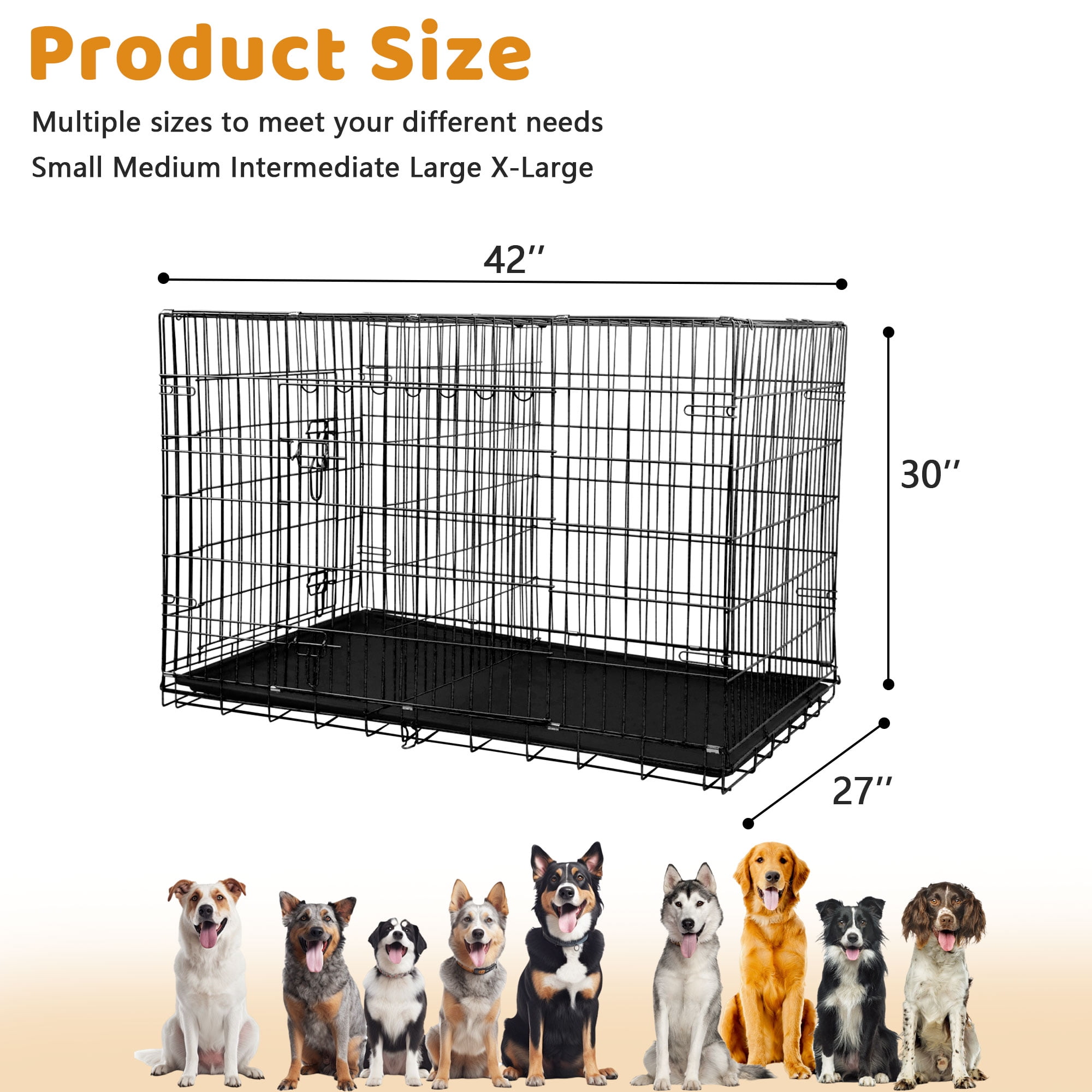 YRLLENSDAN 42 inch Dog Crate, Dog Crates and Kennels Foldable Large Dog Crate for Large Dogs with Handle Double-Door Outdoor Metal Wire Dog Cage with Plastic Tray for Medium Dogs, Black