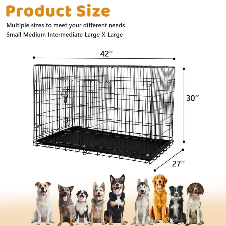 YRLLENSDAN 42 inch Dog Crate Dog Crates and Kennels Foldable Large Dog Crate for Large Dogs with Handle Double Door Outdoor Metal Wire Dog Cage with