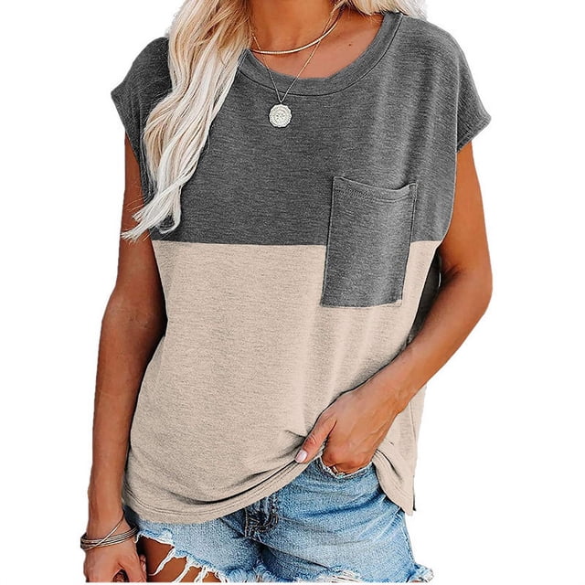 Nouveaux T-Shirts Décontractés Amples pour Femmes Design Assorti avec Poche Décorative Col Rond Manches Courtes Pulls