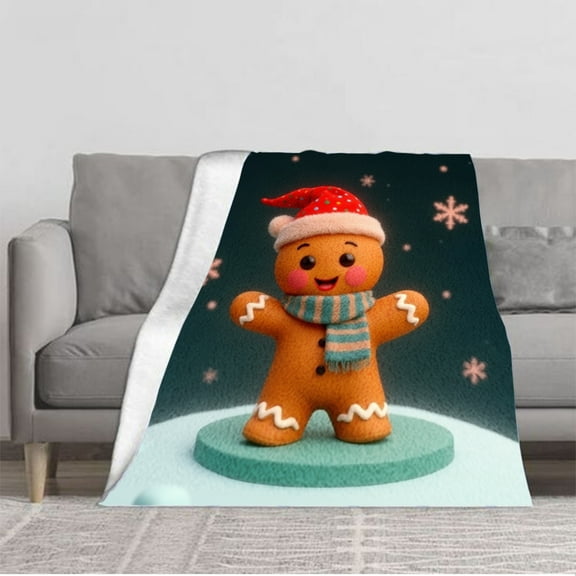 Cozy Flannel Blanket with Festive Gingerbread Man Design - Soft Warm Perfect for Sofa Travel Bed or Chair - Holiday Cheer