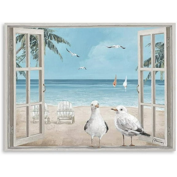 Beach View With Window Art Coastal Bird Pictures Window View Canvas Wall Art Window Beach Poster Beach Window Wall Art Seagull for Bedroom,Living Room,Kitchen,Office(12"X16"X1 Panel)