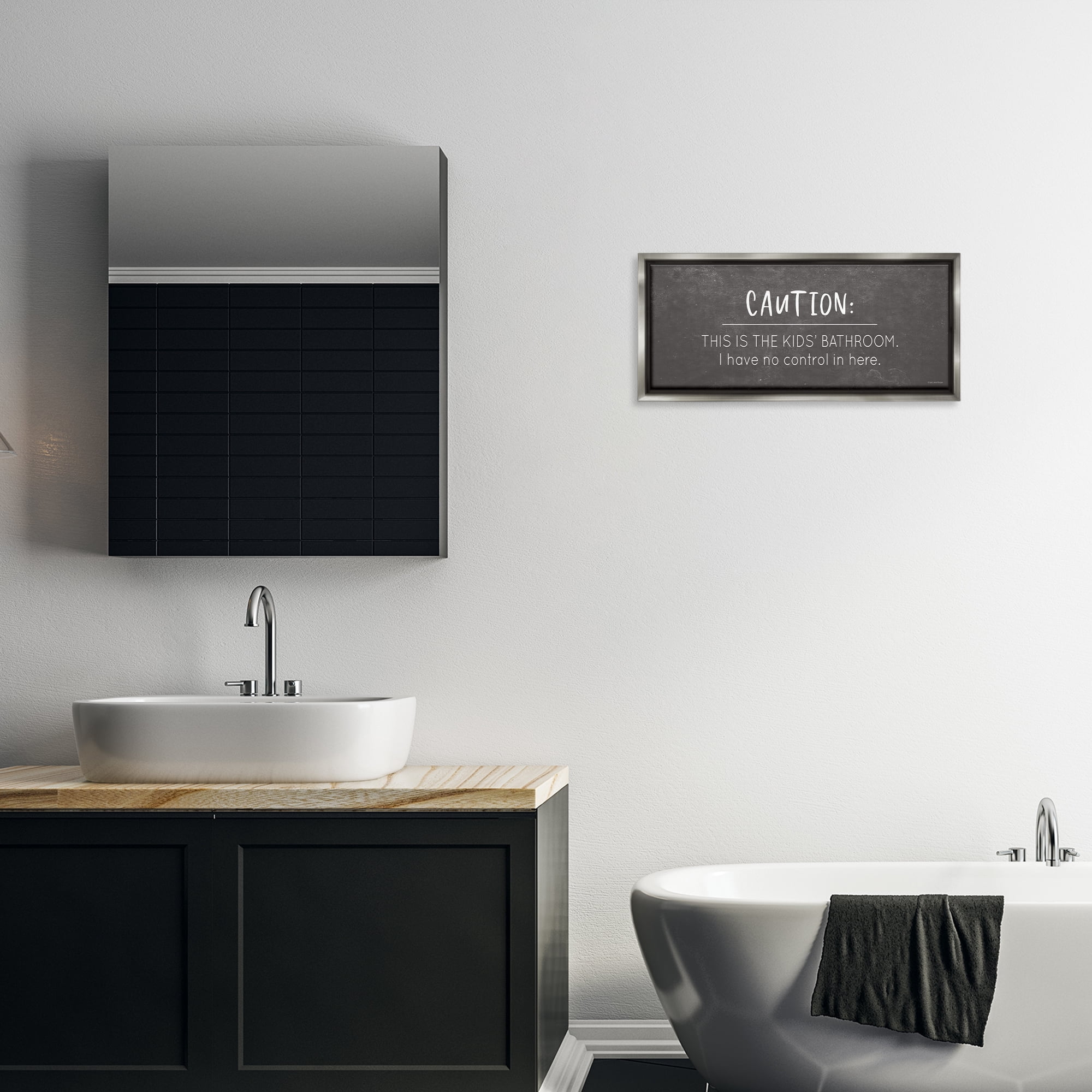 Stupell Industries No Control Here Bathroom Typography Painting Gray Floater Framed Canvas Art Print Wall Art, 25 x 11