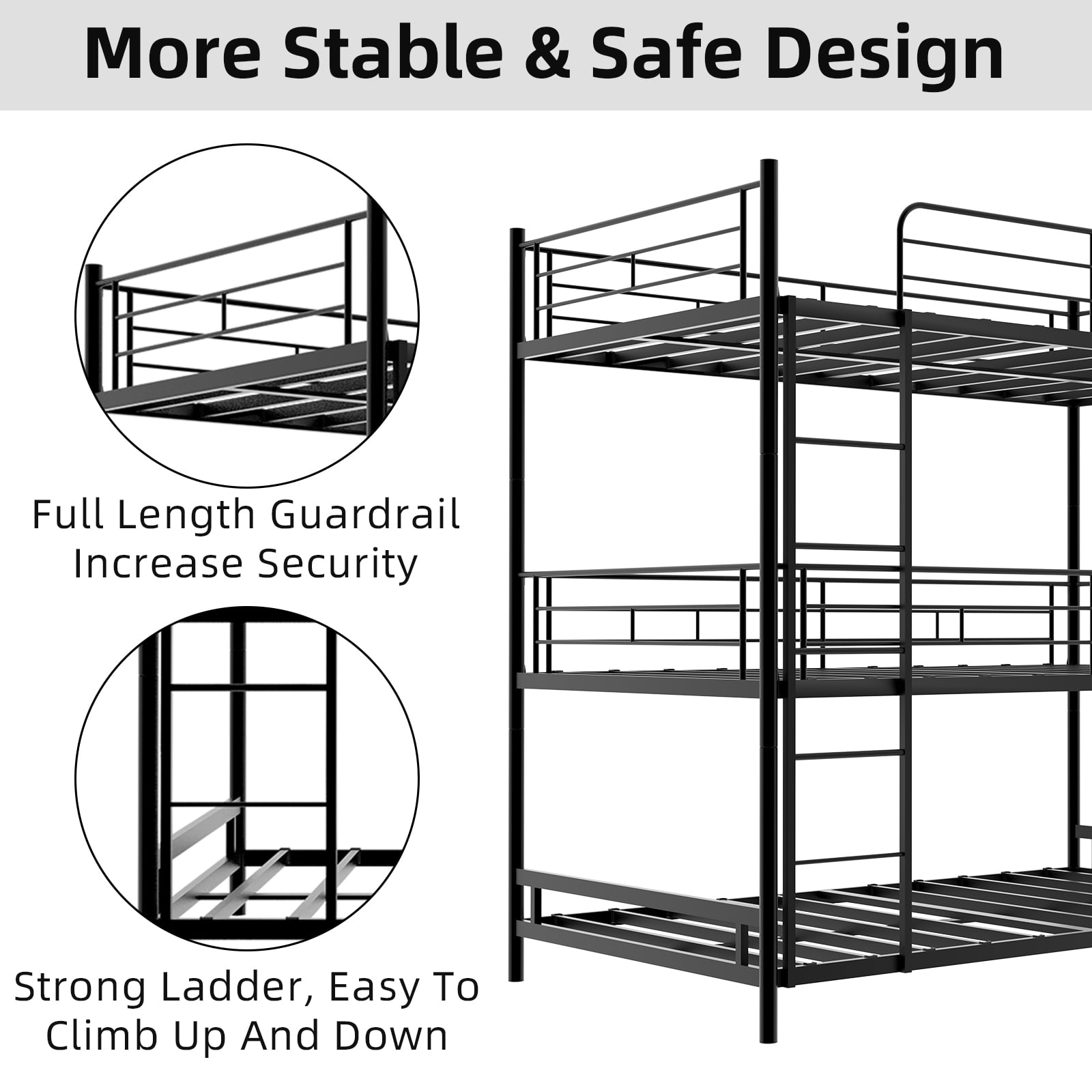 Alvantor Triple Bunk Bed for Kids Teens, Metal Twin Over Twin Over Twin Bed Framewith Ladders and Safety Guardrails Black