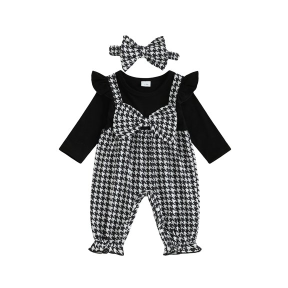 BemeyourBBs Infant Baby Girl Clothes Spring Fall Winter Romper Outfit Bow Houndstooth Printed Long Sleeve Round Neck Bow Front Fake Two-Piece Patchwork Jumpsuit