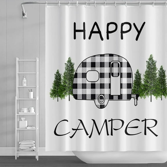 72x72inch Happy Camper Shower Curtain Sets for Camper Trailer Outdoor Adventure Theme Buffalo Check Plaid RV Bath Curtain for Bathroom Decor Waterproof Fabric Bathroom Set Hooks Included