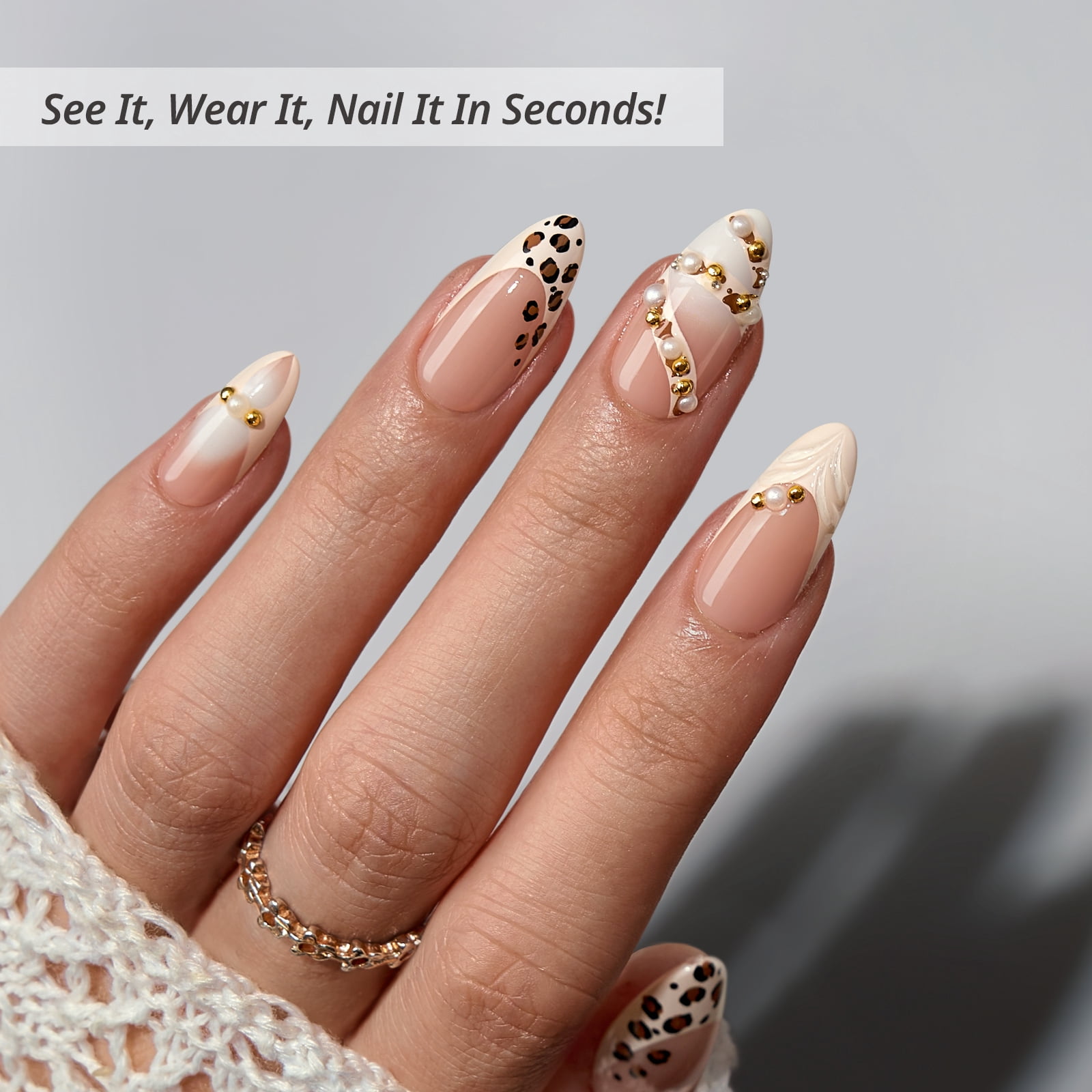 BTArtbox Press On Nails - Cheeky Duo, Medium Almond, 2-Week Wear, Easy-to-Apply, 30 Count All-in-One Kit