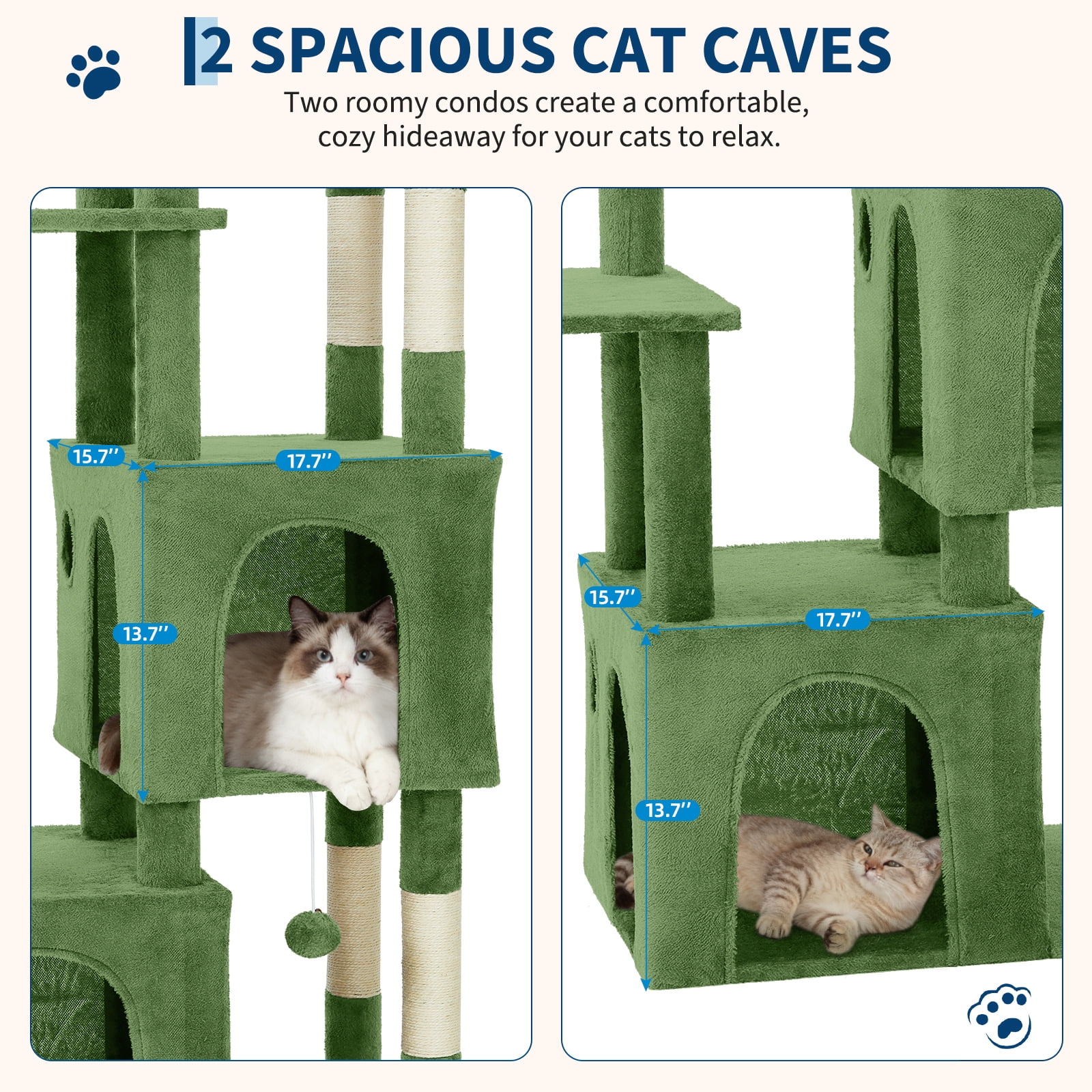 BouPower 61" Multi-Level Cat Tree Tower, Dark Grey Heavy-Duty Cat Condo with Oversized Perch, 2 Spacious Condos, Natural Sisal Scratching Posts and Play Toys for Large Adult & Maine Coon Cats