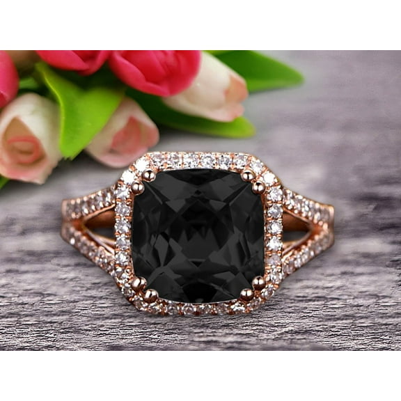 2.30 Carat Black Diamond Moissanite Engagement Ring On 10k Rose Gold Anniversary Ring HALO Cushion Black Diamond Moissanite