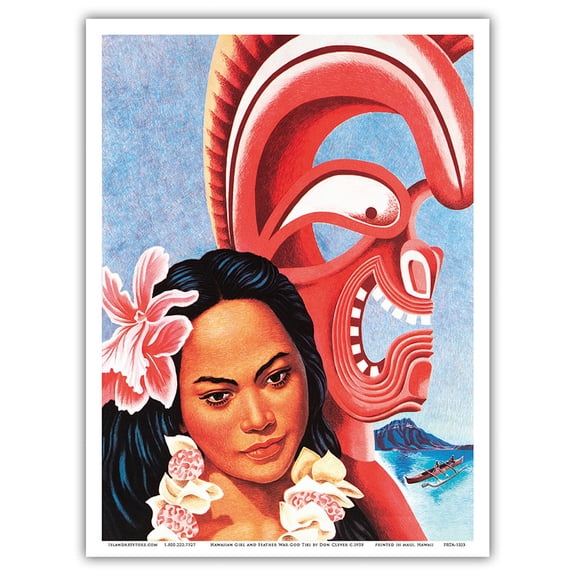 Hawaiian Girl and Feather War God Tiki - American President Lines - Vintage Ocean Liner Travel Poster by Don Clever c.1958 - Master Art Print (Unframed) 9in x 12in