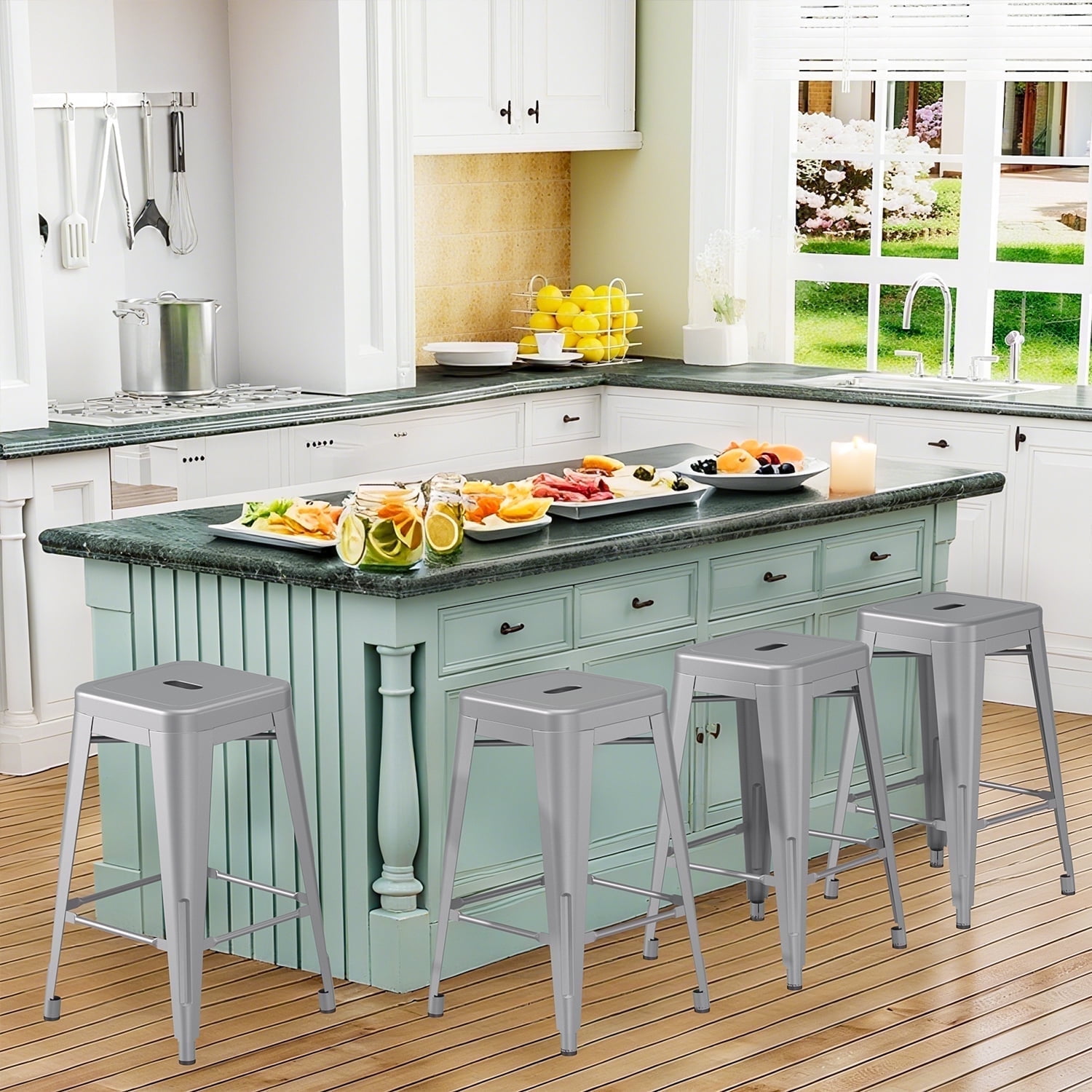 VOLIX 24inches Gray Stackable Metal Bar Stool Backless Indoor-Outdoor Counter Stools Set of 4