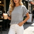 thumbnail image 4 of dazeni Sweaters for Women Ruffle Flare Short Sleeve Knit Crochet Pullover Hollow out Oversized Crewneck Tops Gray, 4 of 7