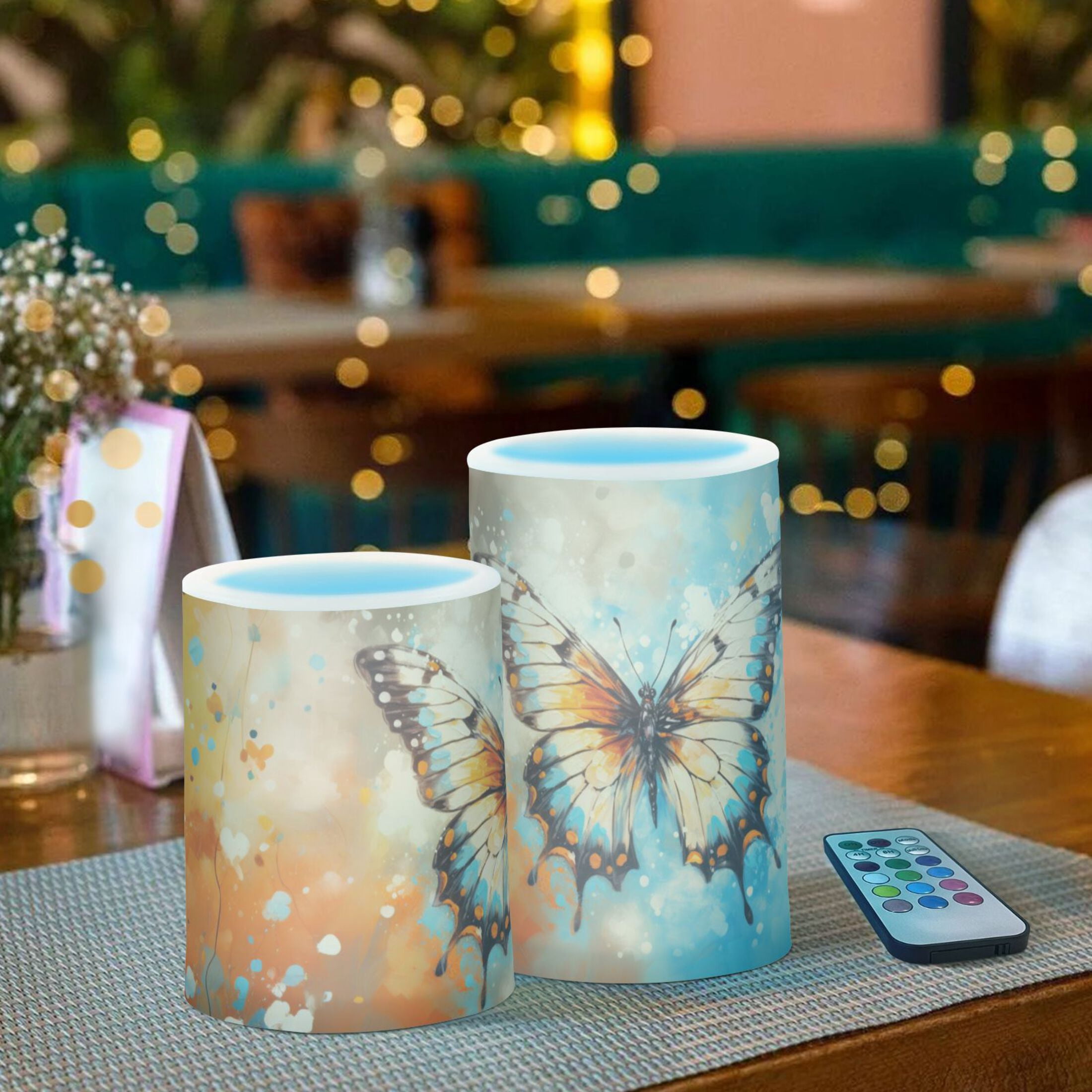 Butterfly Painting Flameless Candles&nbsp;LED Lights Battery Operated Candles with Remote and Timers Flicker Lights Votive Set of 2