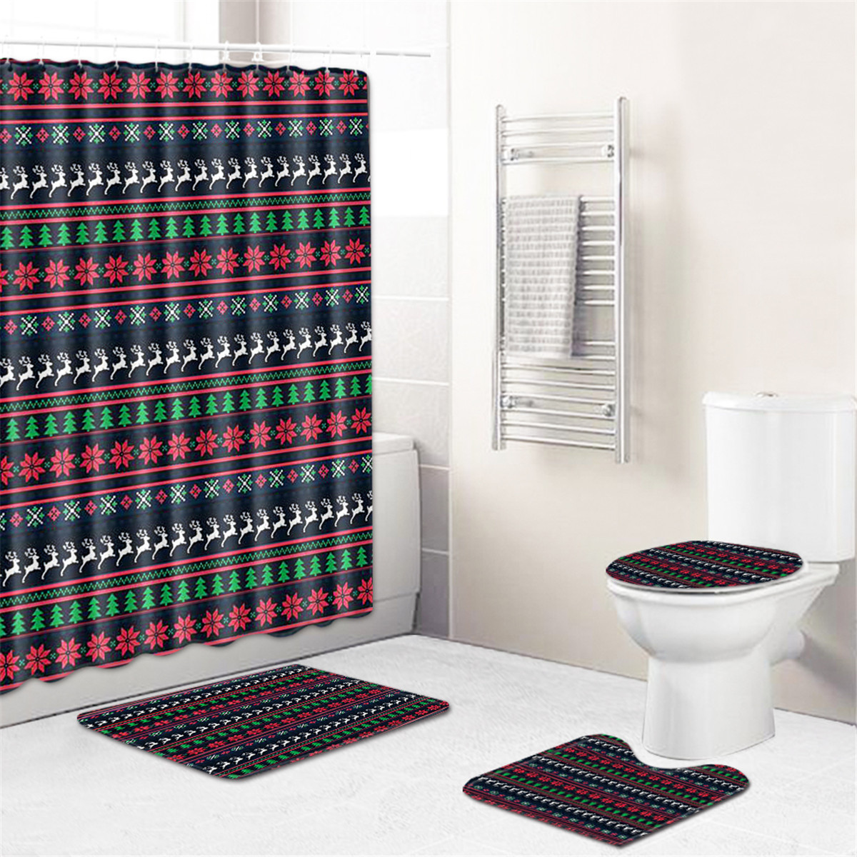 Christmas Fabric Waterproof Bathroom Mat Shower Curtain Toilet Mat Rug Cover