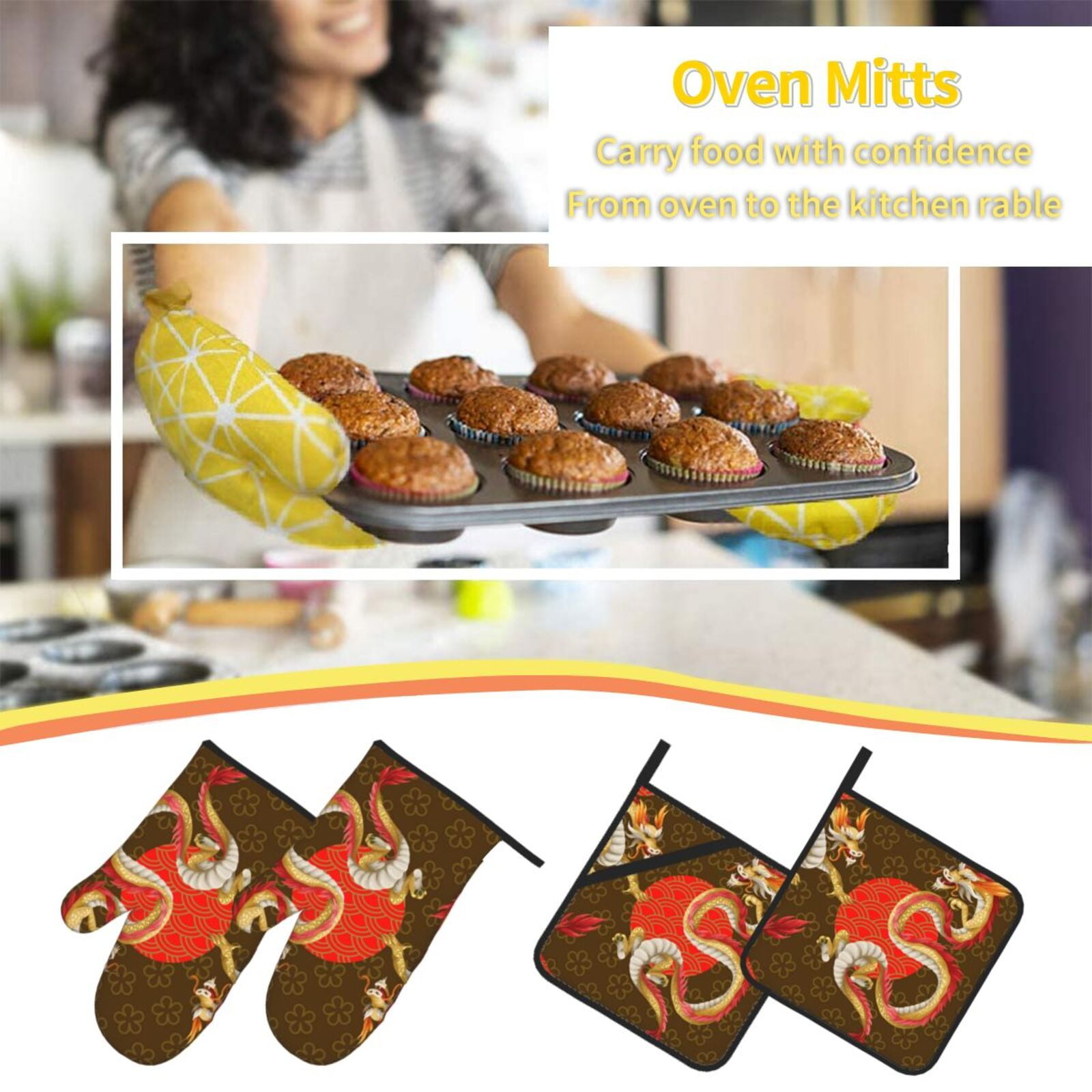 Asian Dragon Oriental Dragons 4Pcs Oven Mitts and Pot Holders Sets Oven Kitchen Gloves Hot Pads for Cooking BBQ Baking Grilling