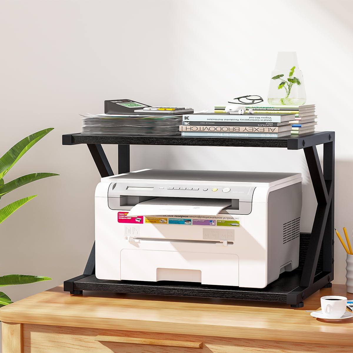 Desktop Printer Stand with 2 Tier Wood Storage Shelves,Under Desk Printer Table,Multi-Purpose Home Office Desk Organizer for Fax Machine, Scanner (Black)