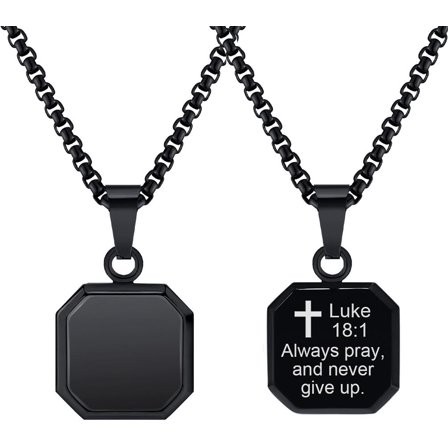 Christian Quality Cross Bible Verses Square Necklace Stainless Steel inlay Gel Drop & Black Religious Jewelry Gift for Men Women, Chain 24"/26"/28"/30"[v947]