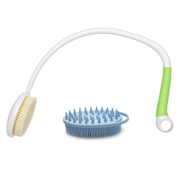 Fanwer 27.5 Back Bath Brush Long Handle for Shower and Silicone Body Scrubber, Shower Back Scrubber with Curved Handle for Elderly, Disabled, Limited Mobility, Post-Surgery, Frozen Shoulder