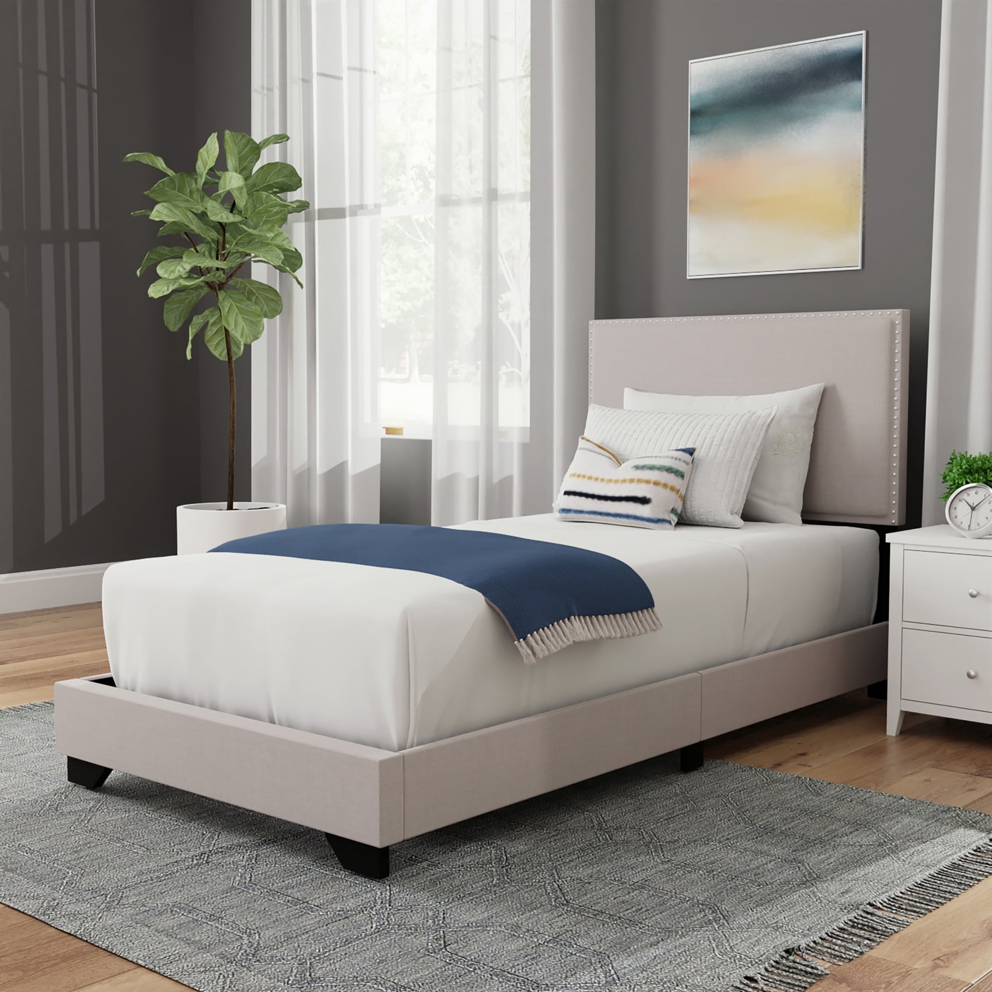 Willow Nailhead Trim Upholstered Twin Bed, Fog