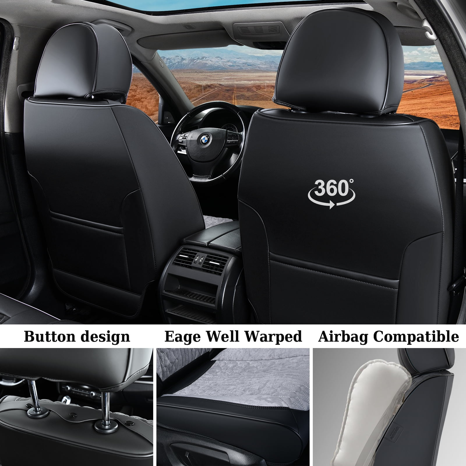 Coverado Full Set Car Seat Covers, Front and Back Seat Protectors, Faux Leather & Flannel Fashion Auto Accessories, Universal Fit Most Cars, SUVs Pickup Trucks, Black&Gray