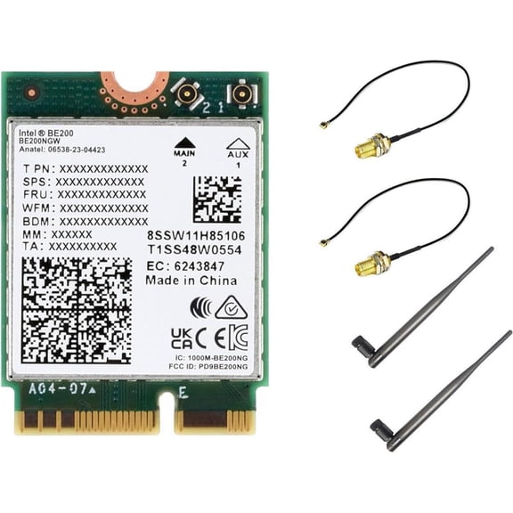 WiFi 7 Wireless Card Wireless BE200 NIC Gigabit Tri-Band Wi-Fi 7 2.4G/5G/6GHz 5800Mbps M.2/NGFF, IEEE 802.11a/b/g/n/ac/be/ax Standard, Bluetooth 5.4, Support Linux, Windows 10/11, etc.