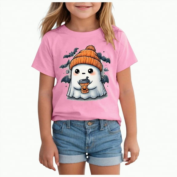 CAUYDY Halloween Shirts for Toddler Baby Girls Boys Pumpkin T-Shirts Ghost Tees Short Sleeve Tops Spooky Season Graphic Clothes Tee Tops(Pink,7-8 Y)