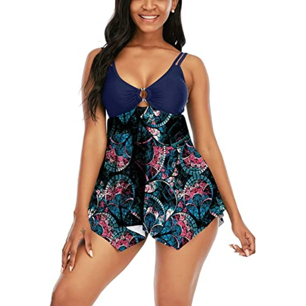 for Women Two Piece Bathing Suits Tummy Control Swimwear Modest Retro Print Bikini Ring Top with Boyshort Swimsuits Dark Blue L Walmart