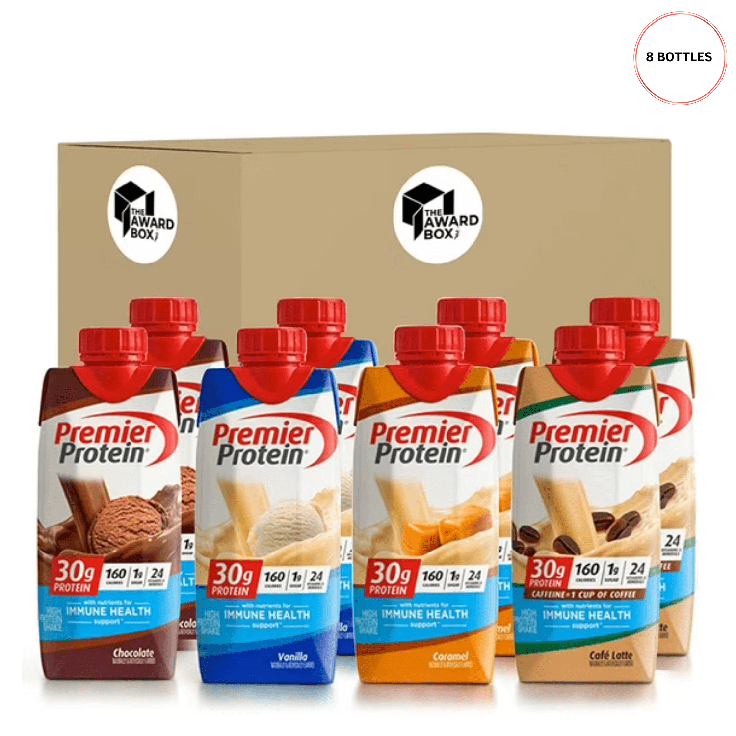 Premier High Protein Shakes Variety Pack 8 Pack 11 Fl. Oz Each - Cafe Latte, Chocolate, Vanilla, Caramel - 2 of Each Flavor